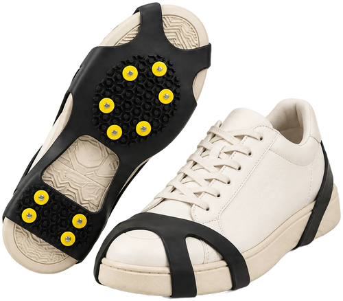 Illustration of studded ice grips on white sneakers; shoes not included
